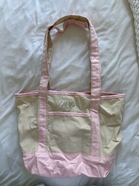 ZTA Zeta Tau Alpha Small Canvas Tote Bag in Pink and Cream